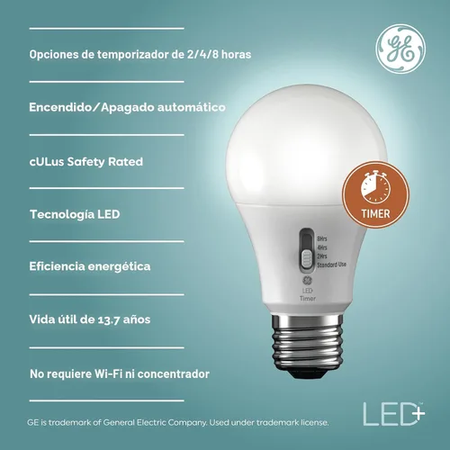 Vista 2 de GE LED+ Timer A19 - Bombillas LED, temporizador automático integrado para interiores, 8 W, blanco suave (paquete de 4) Built-in automatic timer