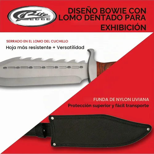 Vista 4 de SZCO Cuchillo Bowie de 15 pulgadas con funda – Cuchillo de caza de hoja fija para hombres con hoja de acero inoxidable Sawback, mango de madera roja