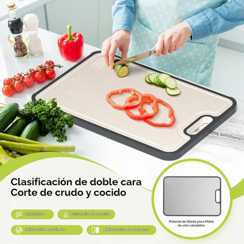 Vista 2 de Tabla de cortar de titanio para cocina, tabla de cortar de doble cara de grado alimenticio, titanio puro y paja de trigo PP, apta para lavavajillas