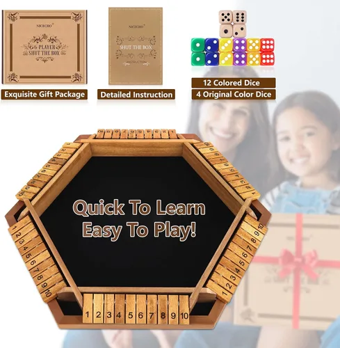 Vista 6 de Nicecho Juego de dados Shut The Box para 2 a 6 jugadores, mesa de madera con 16 dados, juegos clásicos de mesa para niños y adultos, familia, aula