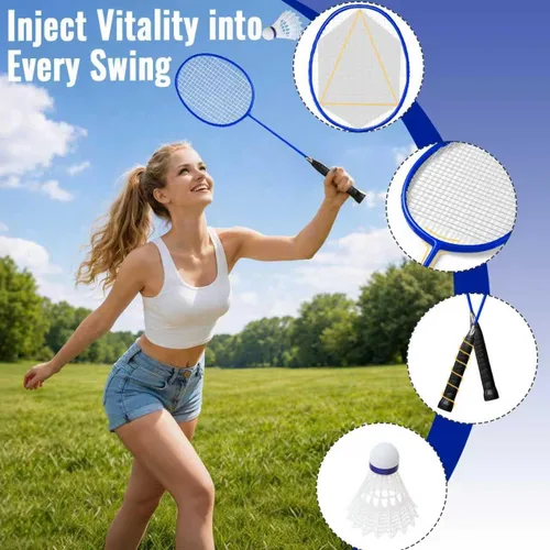 Vista 2 de Juego de bádminton portátil, red resistente para exteriores con 4 raquetas, 3 volantes y línea de límite para juegos familiares de patio trasero