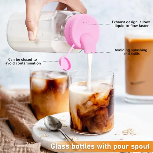 Vista 2 de Sovietiep Botellas de leche de vidrio cuadradas de 16 onzas con una tapa de silicona, paquete de 6 botellas de vidrio para jugo con tapas