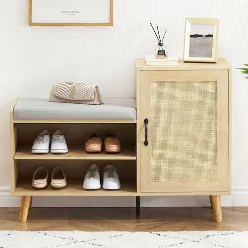 Vista 3 de GAOMON Banco de almacenamiento de zapatos de ratán natural 2 en 1 con tapizado, armarios de zapatos con estante ajustable, zapatero de entrada a