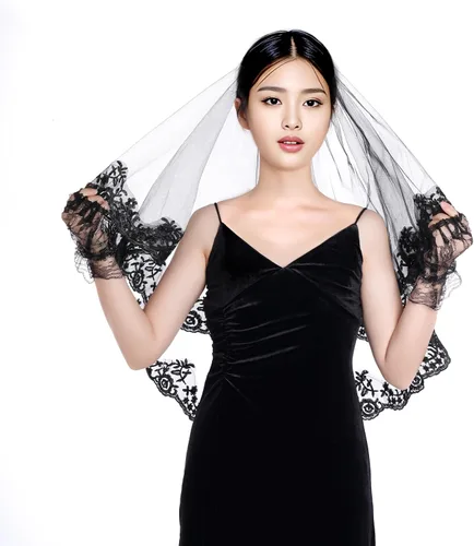 Vista 4 de choyaxo Velo de novia de encaje negro, velo de novia de encaje floral, velo de Halloween con peine y guantes cortos de encaje negro para mujeres