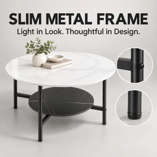 Vista 8 de Wisfor Mesa de centro de mármol para sofá de mesa: mesa central redonda de piedra sinterizada blanca de 2 niveles con Fram negro para sala de estar