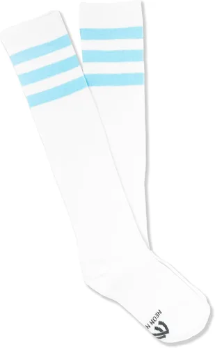 Vista 2 de NEON NATION Calcetines de tubo unisex blancos hasta la rodilla con varias rayas de colores Blanco con rayas azules bebé