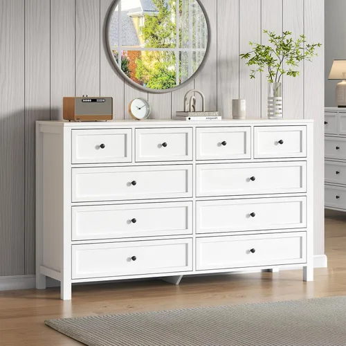Vista 8 de Cómoda rústica con 10 cajones para dormitorio, cómoda blanca Blanco-10 Cajones