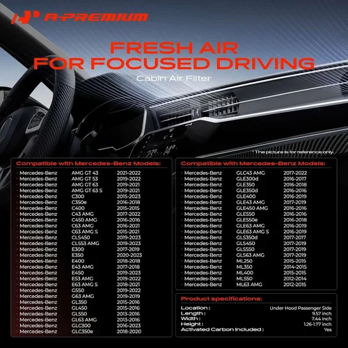 Vista 2 de Filtro de aire de cabina A-Premium con carbón activado Compatible con Mercedes-Benz C300, C350e, C400, C43 AMG, C450 AMG, E300, E350, E53 AMG