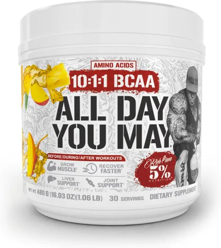 Vista 15 de 5% Nutrition Rich Piana AllDayYouMay BCAA Powder Aminoácidos prémium para intra y después del entrenamiento, EAA, electrolitos Hidratación