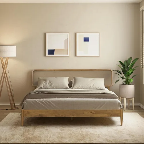 Vista 9 de Lupin - Base de cama de madera con cabecero, base de madera de roble macizo y goma con listones silenciosos y soportes centrales de madera, Negro