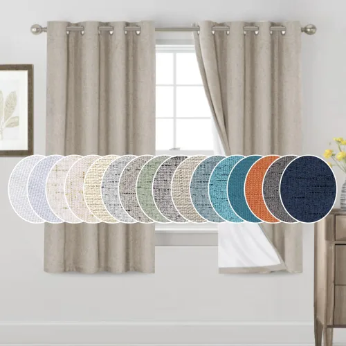 Vista 163 de Cortinas con textura de lino 100% opacas de 64 pulgadas de largo, juego de 2 paneles de cortinas de lino opacas con forro aislante térmico que Arena