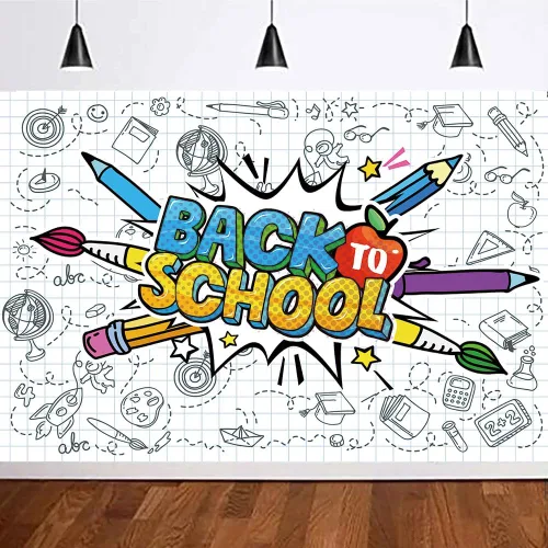 Vista 2 de Telón de fondo de dibujos animados de 7 x 5 pies para decoración de aula, primer día de escuela, telón de fondo de fotografía, suministros de fiesta