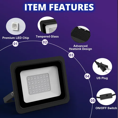 Vista 4 de Luz negra UV de 30 W, reflector LED ultravioleta de 365 nm, impermeable, IP66, con interruptor de encendido/apagado para identificación de gemas