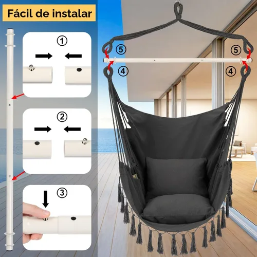 Vista 5 de Y- STOP Silla Hamaca Colgante Columpio de Cuerda, Máximo 500 Libras, 2 Cojines Incluidos, Silla Colgante Grande de Macramé con Bolsillo, Tejido