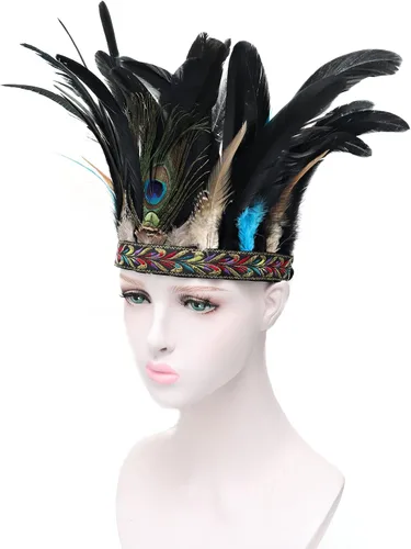 Vista 4 de DAZCOS Diadema de plumas de pavo real, corona, carnaval, tocado, tocado, 1920, Gatsby, cosplay, Navidad