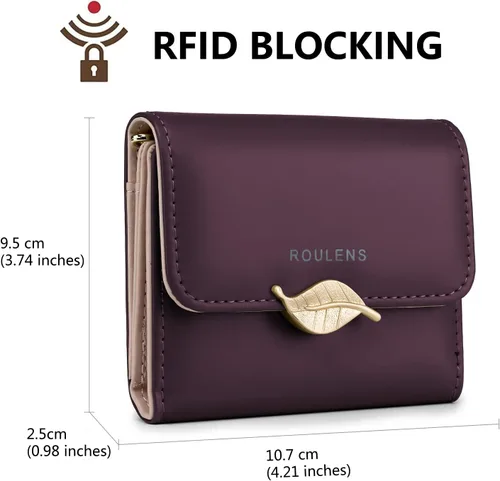 Vista 2 de Cartera pequeña para mujer con bloqueo RFID, de piel sintética, colgante de hoja, organizador de tarjetas, monedero con cremallera, APúrpura-S
