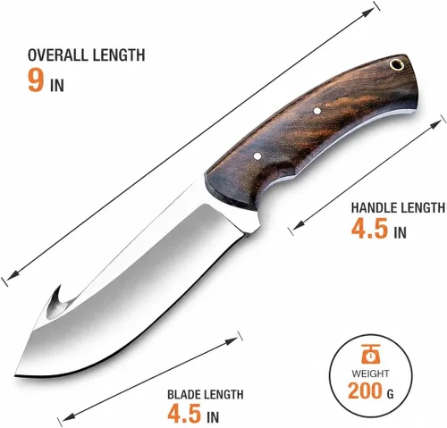 Vista 3 de Cuchillo de gancho de acero D2 hecho a mano - Hoja fija de espiga completa con mango de madera y funda de cuero - Cuchillo afilado para desollar