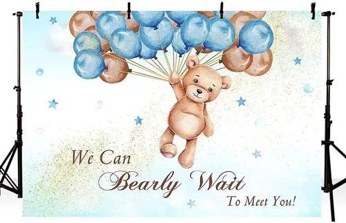 Vista 2 de MEHOFOND Telón de fondo de baby shower con texto en inglés "We Can Bearly Wait to Meet You" de 7 x 5 pies, globos azules y marrones, purpurina