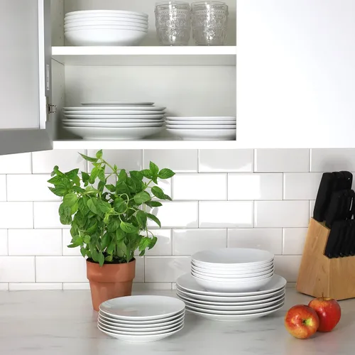 Vista 4 de Euro Ceramica Bianco Collection - Juego de vajilla de 18 piezas, multiusos, funcional, esencial, blanco, servicio para 6 platos blancos para cenar