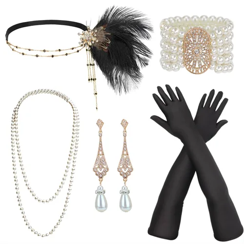 Vista 11 de DRESHOW Juego de accesorios del Gran Gatsby de los años 20 para mujer, accesorios de disfraz de flapper, diadema de plumas, juego de accesorios de 1