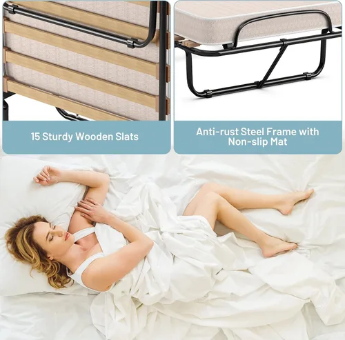 Vista 6 de BestComfort Cama plegable con colchón, cama plegable para invitados con colchón de espuma viscoelástica, cama portátil con marco de acero, cama