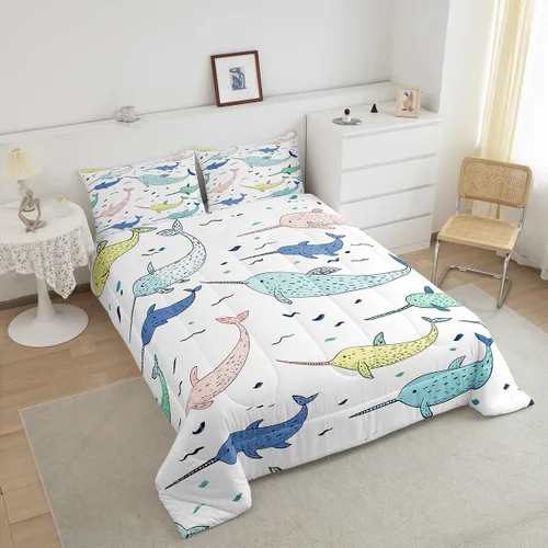 Vista 4 de Erosebridal Narwhal - Juego de edredón de ballena oceánica, edredón de plumón náutico costero para niños y niñas, vida marina, animales de dibujos