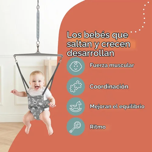 Vista 6 de Jolly Jumper Elite (Grey Safari) Ejercitador para Bebé - Marco Resistente, Saltador para Bebé con Soporte de 6 Pies de Alto, Asiento de Sillín