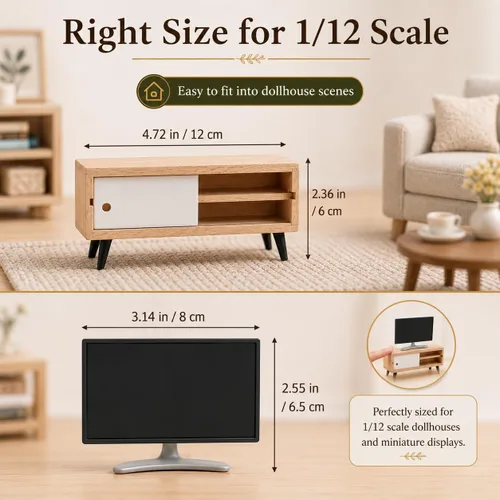 Vista 2 de NUOBESTY Mueble de TV y madera para casa de muñecas, monitor de juguete realista a escala 1/12, soporte de TV en miniatura moderno para casa