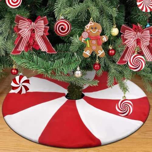 Vista 6 de yuboo Falda para árbol de Navidad y Halloween de menta roja y blanca, 36 pulgadas, falda de árbol de Navidad y Halloween de piruleta, adornos