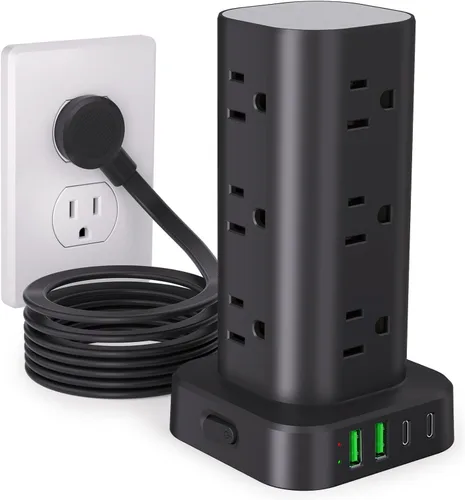 Vista 15 de Regleta de alimentación de torre con múltiples salidas, protector de sobretensiones de enchufe plano, cable de extensión de torre con 12 tomas
