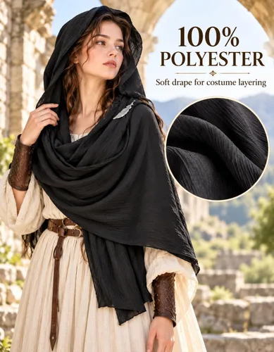 Vista 5 de JPXH Conjunto de bufanda con capucha con cinturón y muñequeras para cosplay medieval Negro