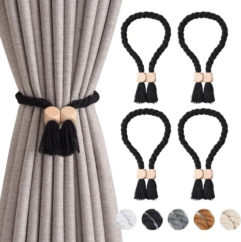 Vista 73 de NICEEC 2 Pack de Alzapaños Magnéticos de Madera en Forma de Cubo Boho para Decoración del Hogar, Alzapaños de Lino Tejidos a Mano para Cortinas Beige
