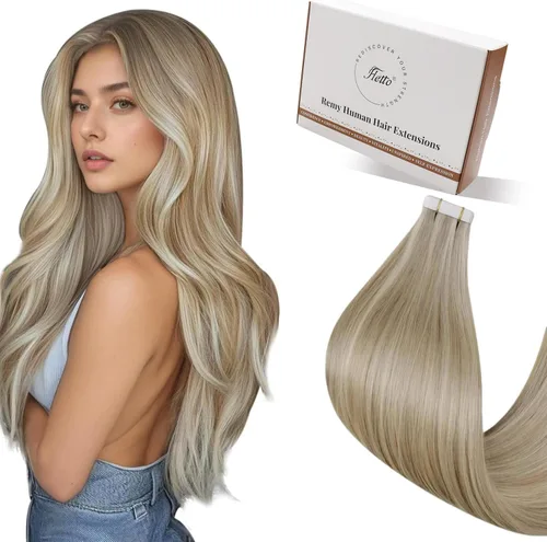Vista 48 de 【Descuento】Hetto - Extensiones de cabello con cinta adhesiva, 40g, extensiones de cabello humano, color rubio ceniza oscuro degradado a rubio medio