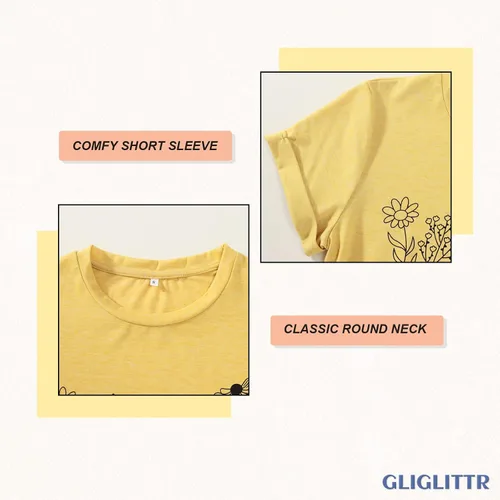 Vista 4 de GLIGLITTR Camiseta floral para mujer, diseño de flores silvestres, camiseta casual suelta con cuello redondo y manga corta