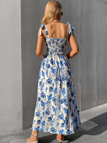 Vista 2 de Floerns Vestido de mujer con estampado floral, tirantes, cuello cuadrado, con volantes, estilo bohemio, largo