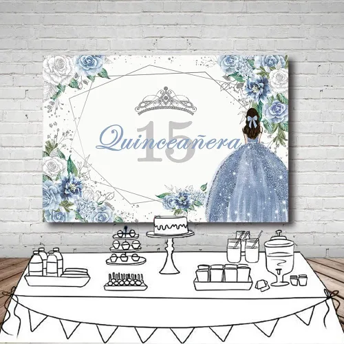 Vista 4 de MEHOFOND Telón de fondo de quinceañera con 15 letras para fiesta de niñas de 15 años con texto en inglés «Sweet 15 Quince años», fondo floral azul