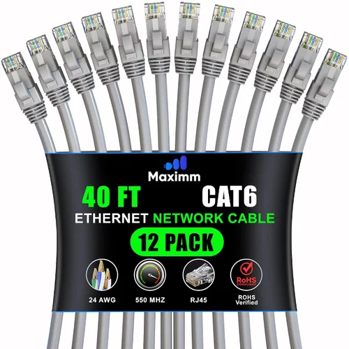 Vista 45 de Maximm Cable Ethernet Cat6 de 7 pies, 10 Gbps 550 MHz, negro, paquete de 12