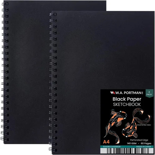 Vista 10 de WA Portman - Cuaderno de bocetos de papel negro A4 (8.3" x 11.7"), papel negro para marcadores de 140 GSM sin ácidos, 60 páginas (30 hojas), diario