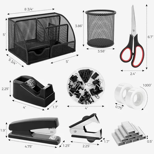 Vista 4 de SKYDUE Suministros de oficina negros, organizador de escritorio de malla, grapadora, dispensador de cinta, tijeras, carpeta/clips de papel y 1000