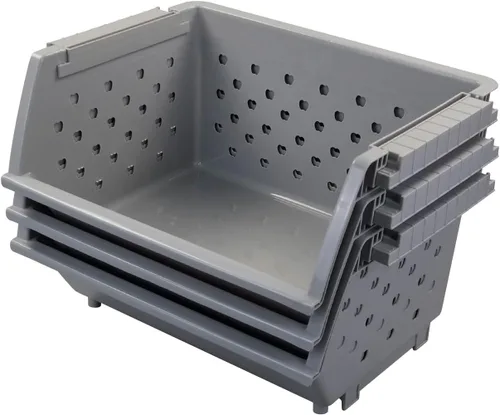 Vista 3 de Paquete de 3 cestas organizadoras apilables de plástico, cestas de almacenamiento apilables para cocina