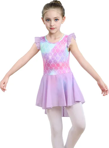 Vista 2 de iLover Vestido de leotardo clásico con mangas con volantes para niñas, para danza, gimnasia y ballet