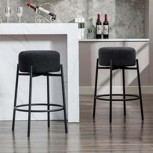 Vista 7 de Juego de 2 taburetes de bar modernos de altura de mostrador, taburetes de bar giratorios negros Boucle para isla de cocina, cómodas sillas tapizadas