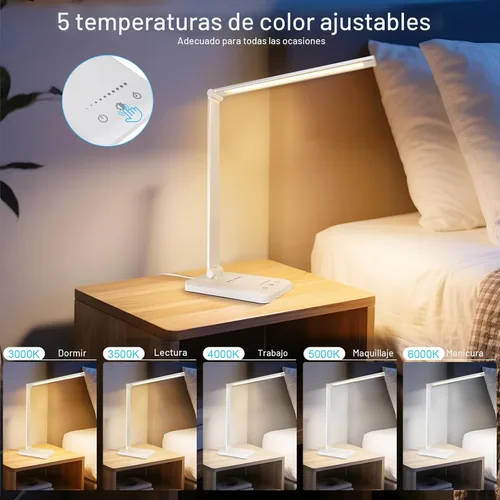 Vista 4 de Lámpara de escritorio LED White Crown regulable, lámpara de mesa para lectura con puerto de carga USB, 5 modos de iluminación, control sensible