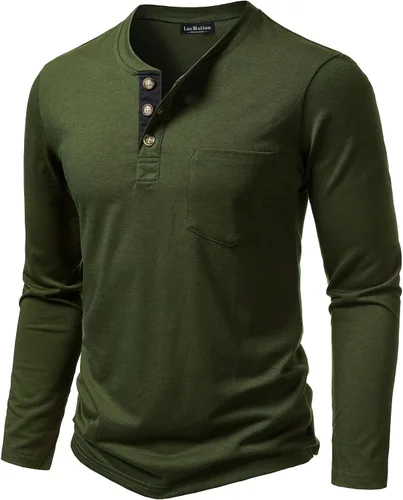 Vista 2 de LucMatton - Camiseta Henley para hombre, ligera, casual, elástica, ajuste entallado, manga larga, con bolsillo Verde militar