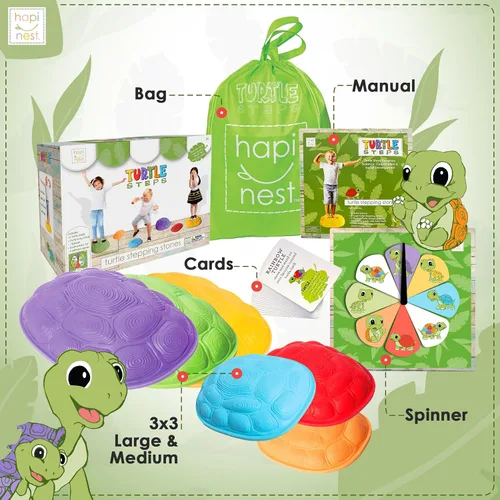 Vista 4 de Hapinest Turtle Steps Balance Stepping Stones Juego de coordinación de carrera de obstáculos para niños y familia, equipo de juego sensorial
