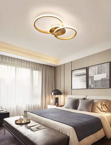 Vista 2 de Lámpara de techo LED moderna, lámpara de techo de montaje empotrado de 40 W con círculo de dos anillos, lámparas acrílicas doradas para sala