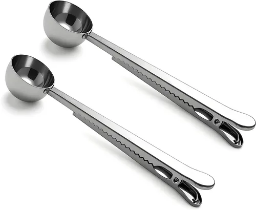 Vista 10 de Cucharas medidoras de café para café molido de acero inoxidable, 1 cucharada con clip para bolsa para café y té, juego de 2 (2 unidades, negro)