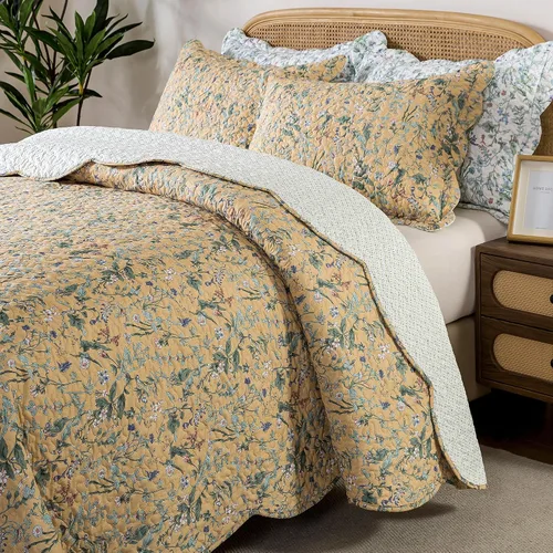 Vista 17 de HoneiLife - Juego de edredón de 3 piezas, colcha ligera de microfibra, diseño de flores silvestres, cubrecamas ligero y botánico, para todas