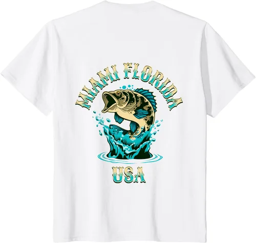 Vista 35 de Camiseta con diseño de pesca en la parte delantera y trasera de Miami Florida USA, Negro