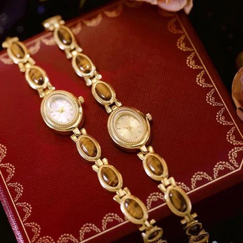 Vista 5 de ADSBIAOYE Reloj dorado para mujer, impermeable, ovalado, vintage, esfera pequeña, elegante, de jade, reloj de pulsera de cuarzo